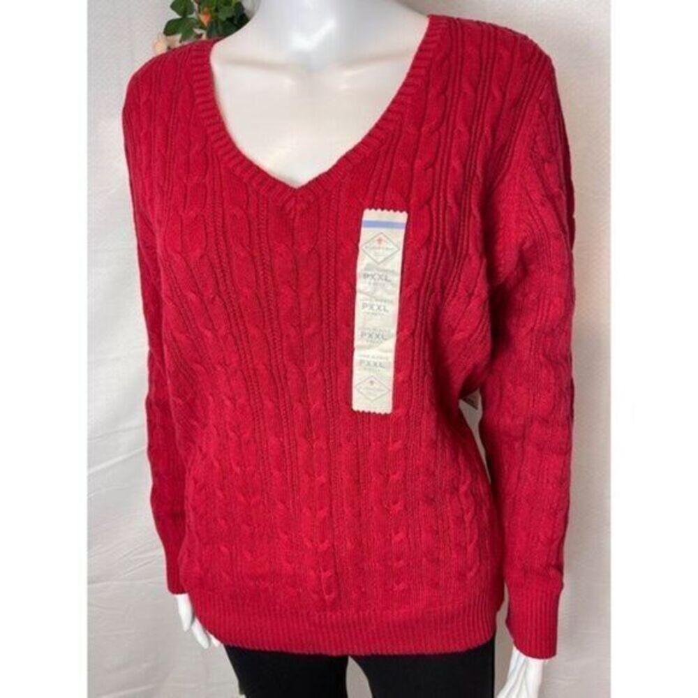 St Johns Bay Red Cotton Blend‎ V Neck Cable Knit Sweater Size PXXL